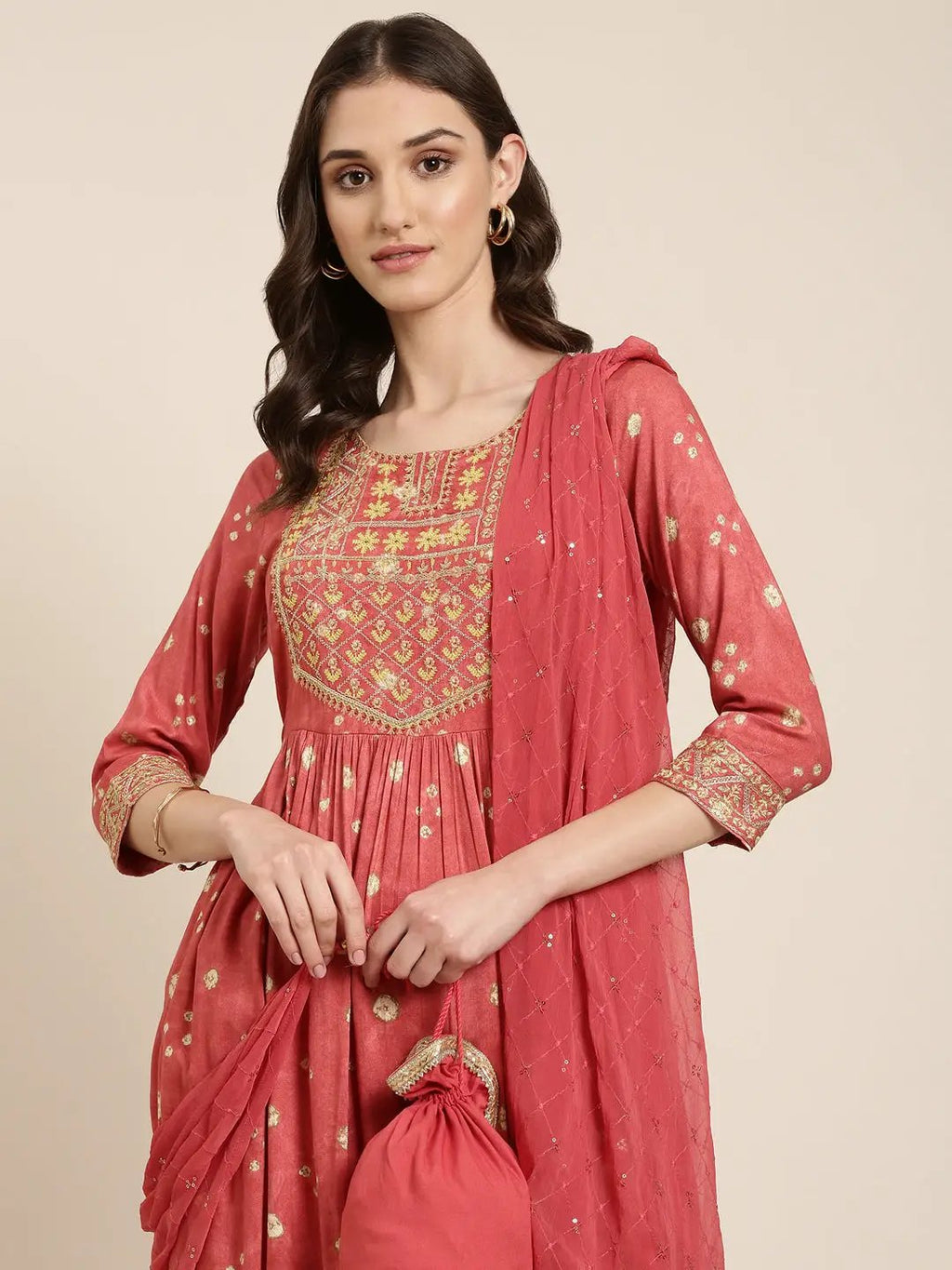 Women's Rust Bandhani Printed Regular Thread Work Kurta Set With Dupatta