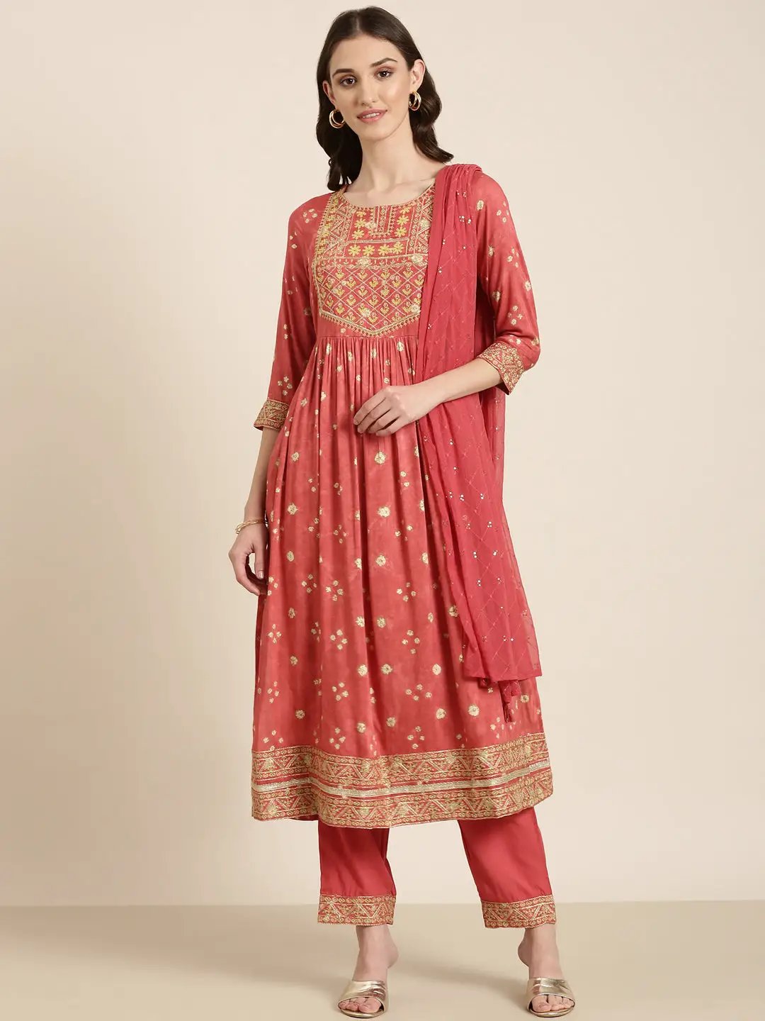 Women's Rust Bandhani Printed Regular Thread Work Kurta Set With Dupatta