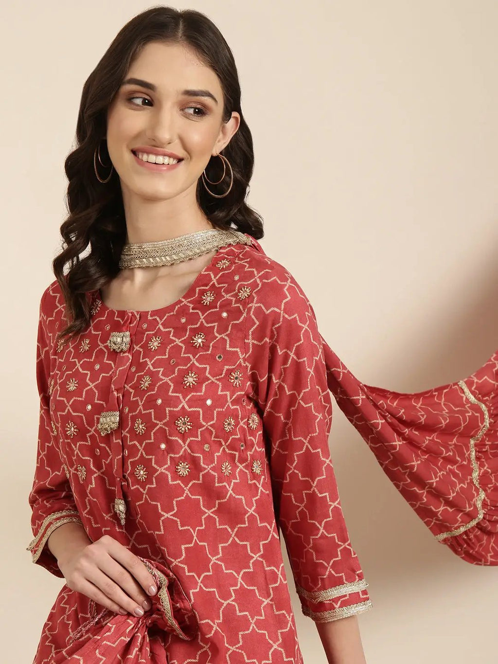 Women's Coral Geometric Printed Mirror Work Straight Kurta Set with Dupatta