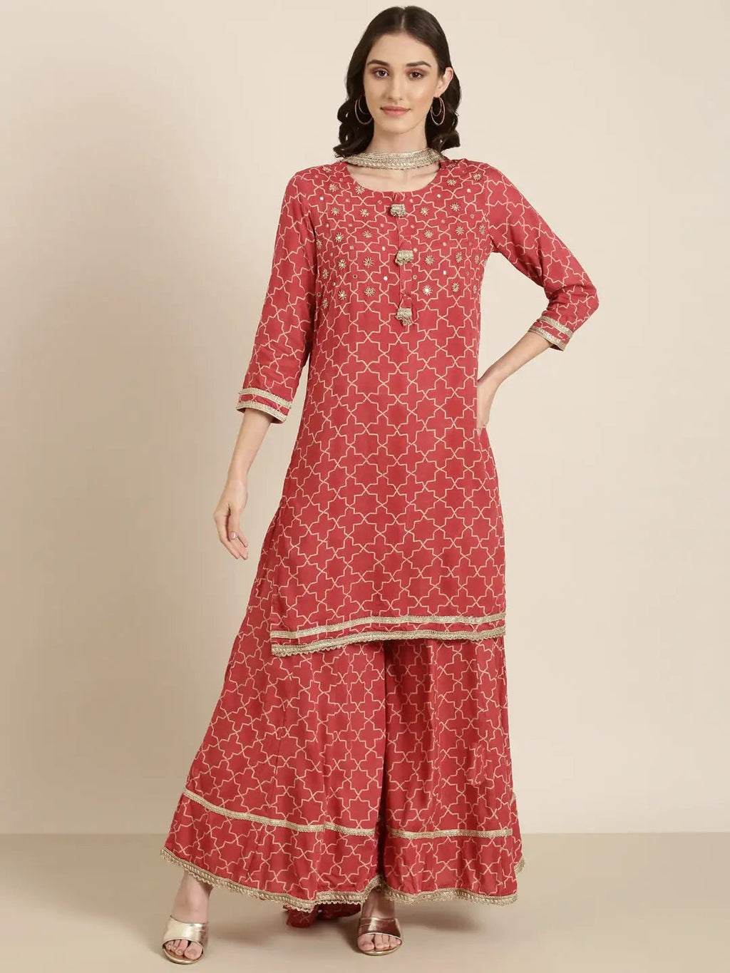 Women's Coral Geometric Printed Mirror Work Straight Kurta Set with Dupatta