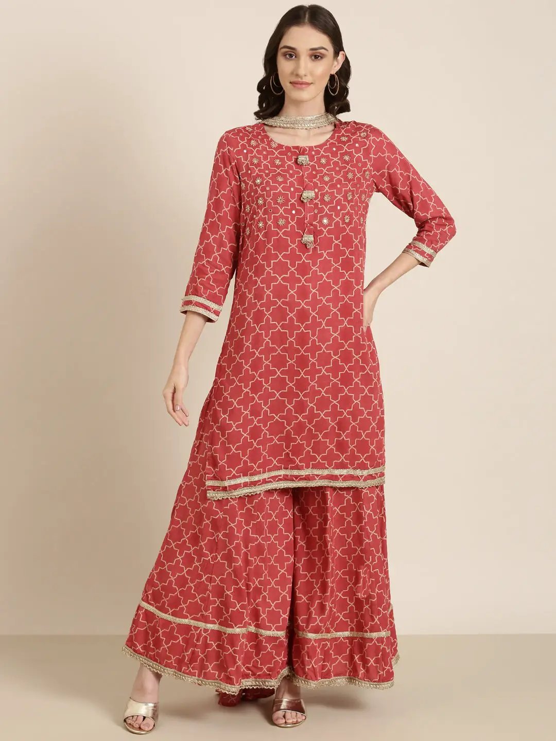 Women's Coral Geometric Printed Mirror Work Straight Kurta Set with Dupatta