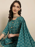 Women's Teal Geometric Printed Sequinned Straight Kurta Set With Dupatta