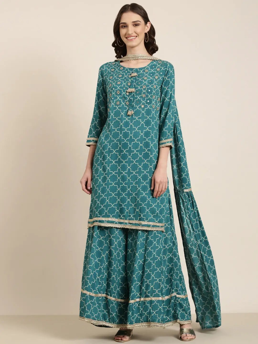 Women's Teal Geometric Printed Sequinned Straight Kurta Set With Dupatta