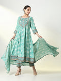Women's Floral Green Kurta Set with Dupatta & Potli Bag