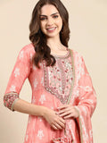 Women's Peach Ethnic Motifs Printed Thread & Mirror Work Kurta Set With Dupatta