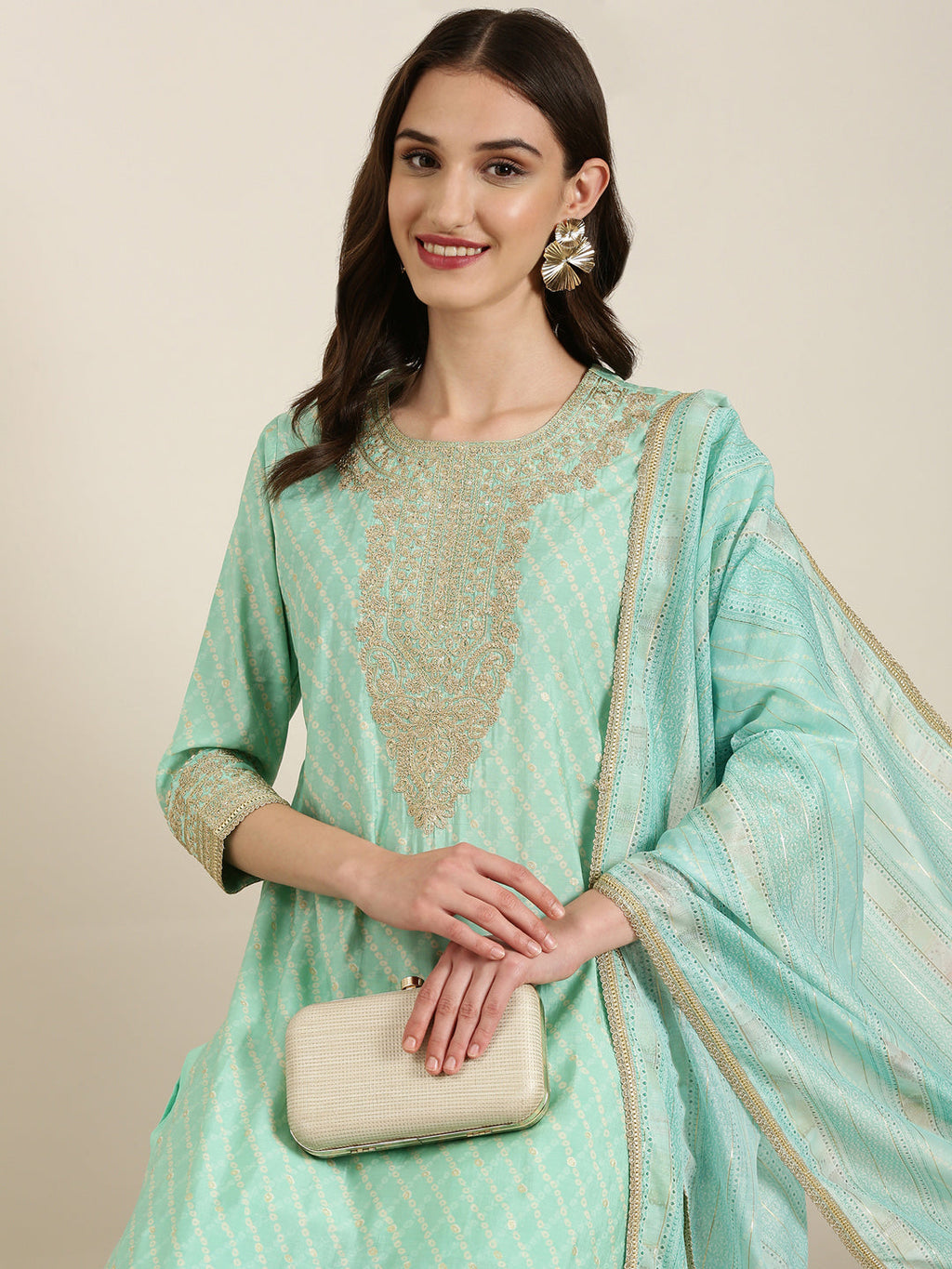 Women's Sea Green Printed Regular Thread Work Kurta Set with Dupatta
