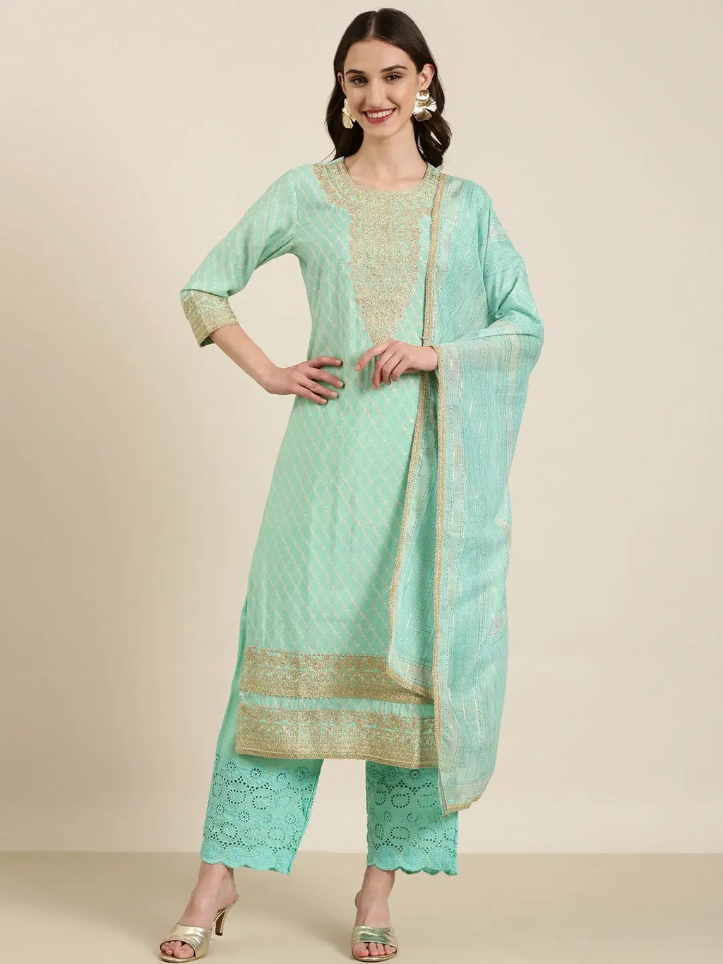 Women's Sea Green Printed Regular Thread Work Kurta Set with Dupatta