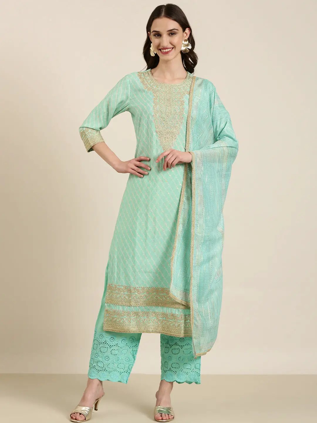 Women's Sea Green Printed Regular Thread Work Kurta Set with Dupatta