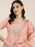Women's Pink Ethnic Motifs Printed Thread Work Straight Kurta Set With Dupatta
