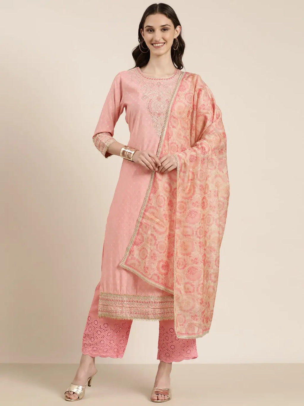 Women's Pink Ethnic Motifs Printed Thread Work Straight Kurta Set With Dupatta