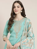 Women's Sea Green Bandhani Printed Thread Work Straight Kurta Set With Dupatta