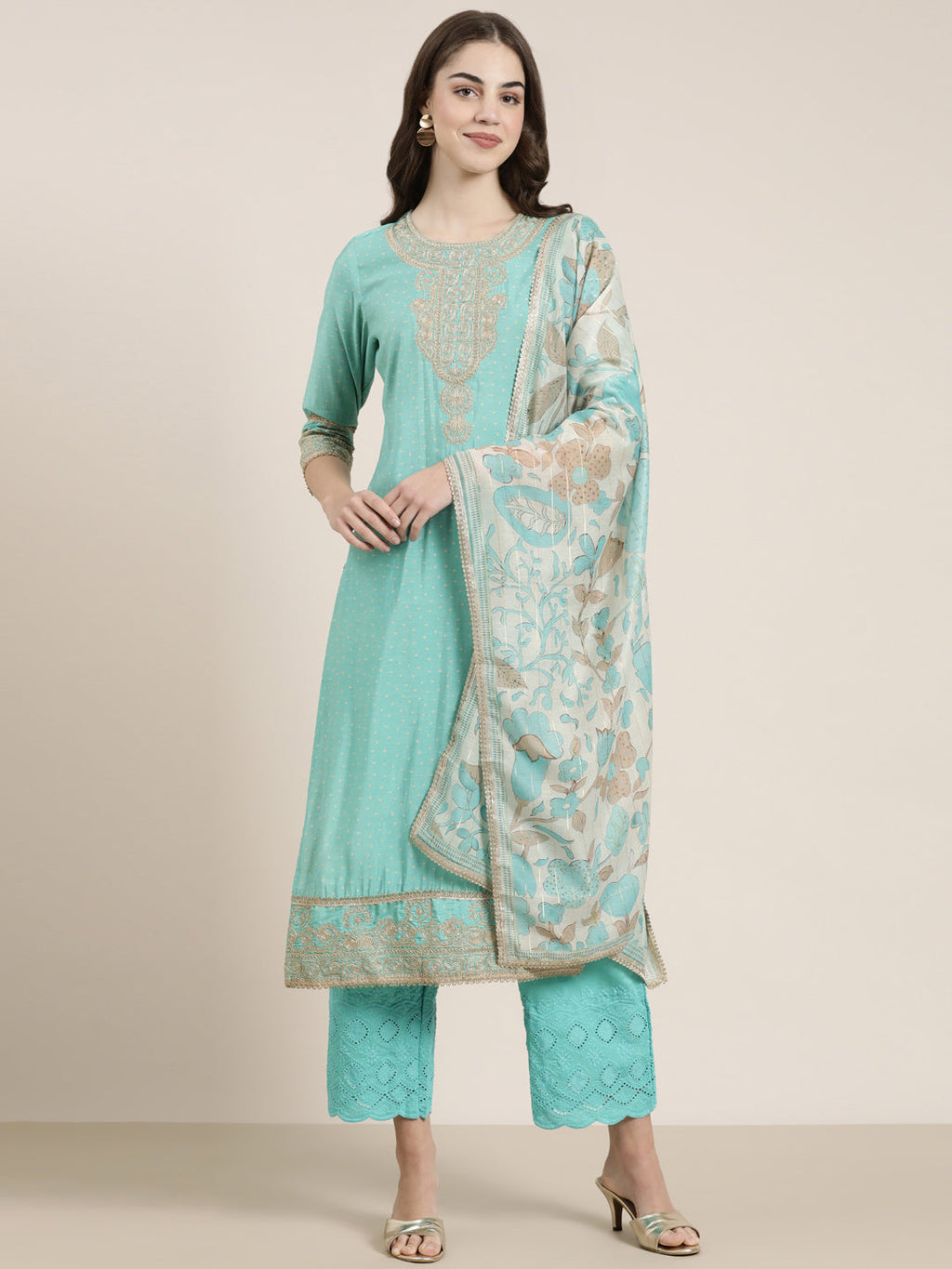 Women's Sea Green Bandhani Printed Thread Work Straight Kurta Set With Dupatta