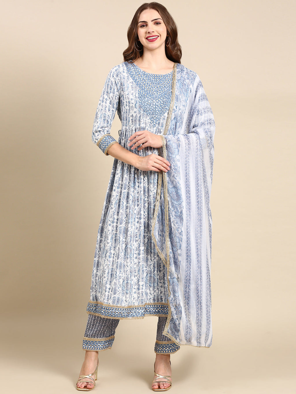 Women's White Floral Printed Pure Cotton Kurta Set with Dupatta