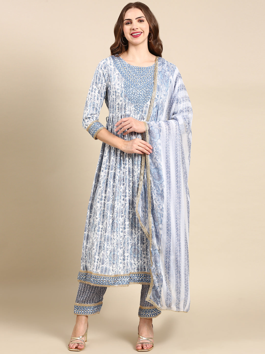 Women's White Floral Printed Pure Cotton Kurta Set with Dupatta