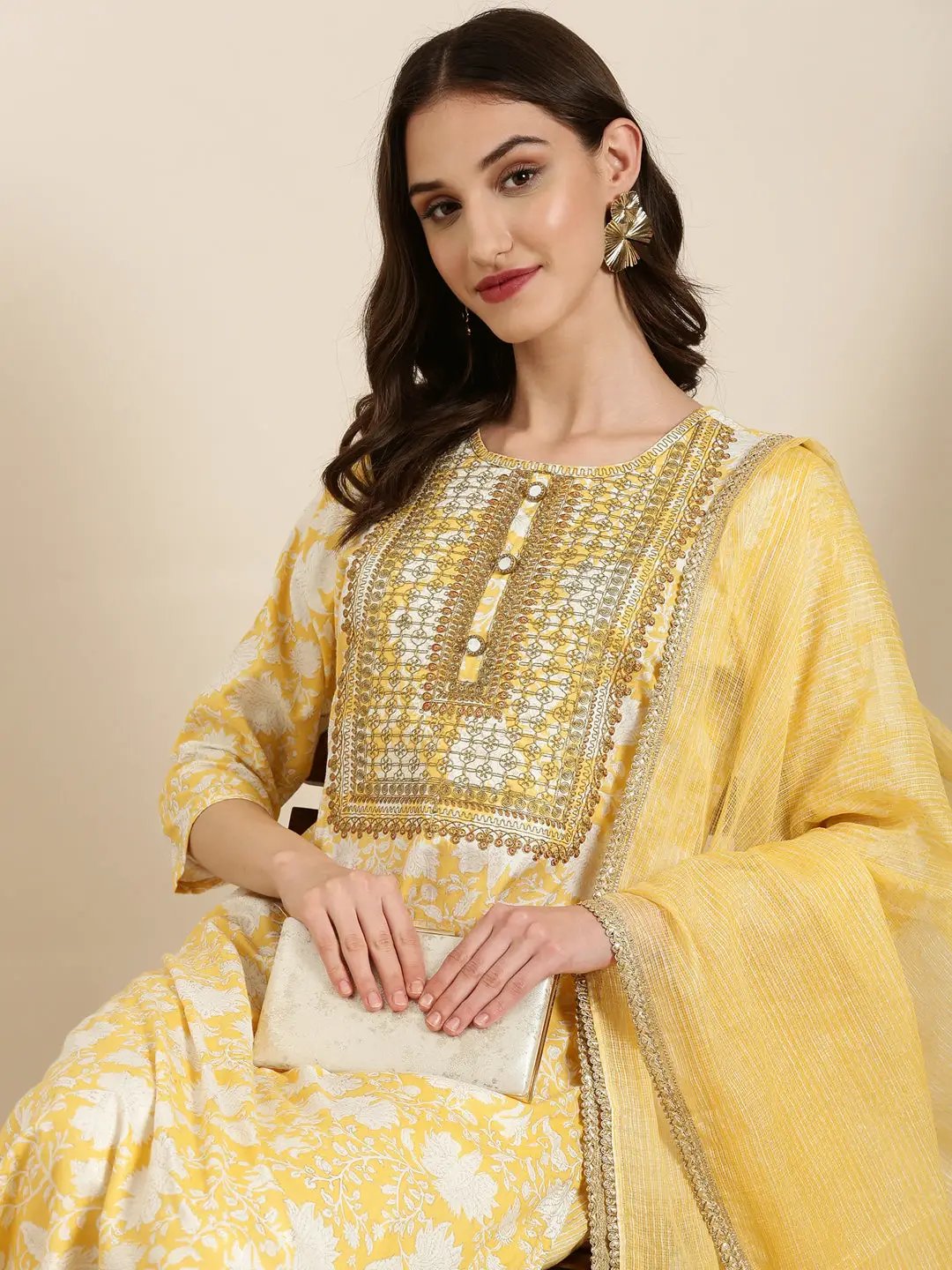 Women's Yellow Floral Printed Regular Thread Work Kurta Set with Dupatta