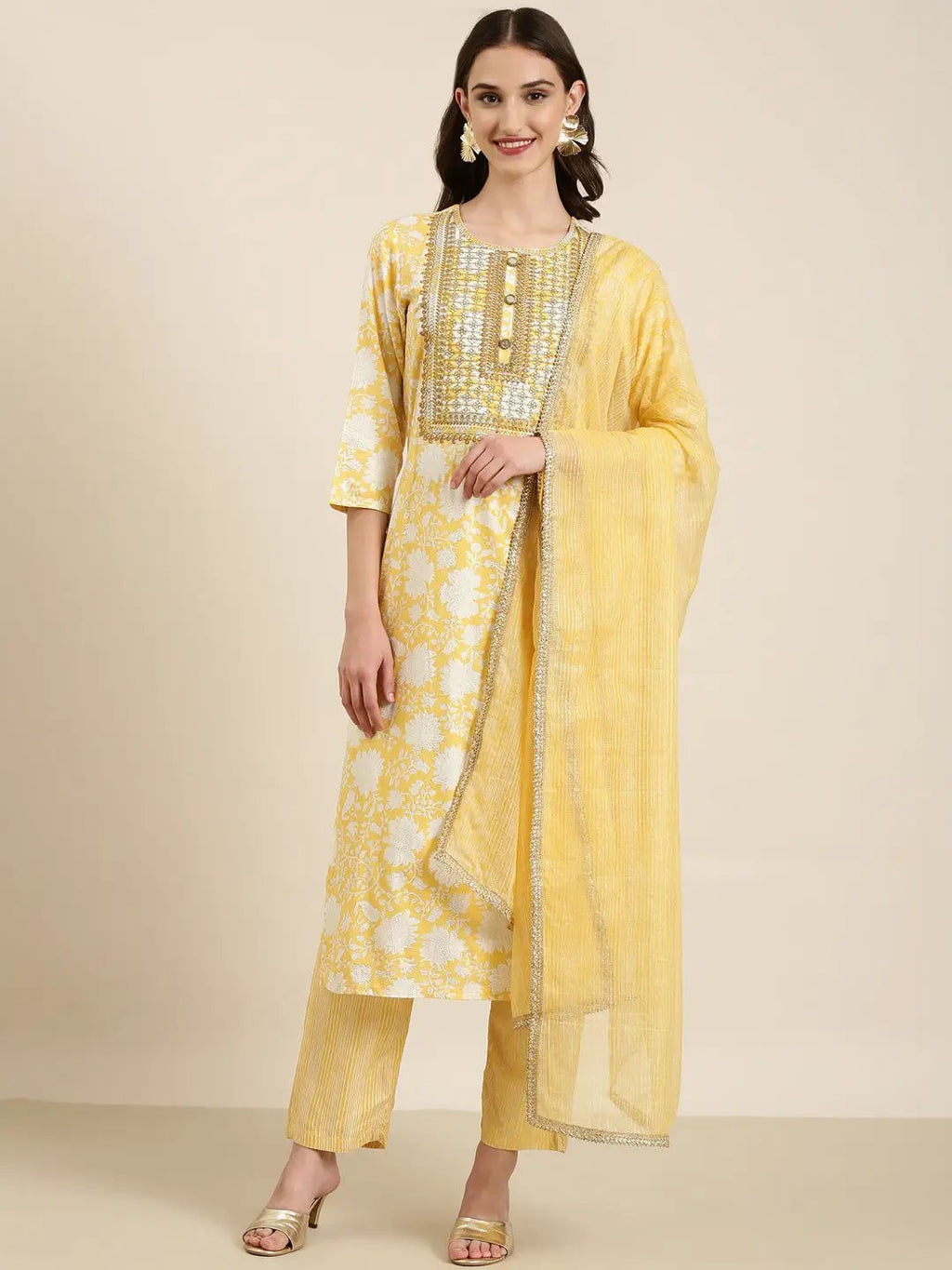 Women's Yellow Floral Printed Regular Thread Work Kurta Set with Dupatta