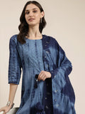 Women's Navy Blue Dyed Regular Beads And Stones Kurta Set With Dupatta