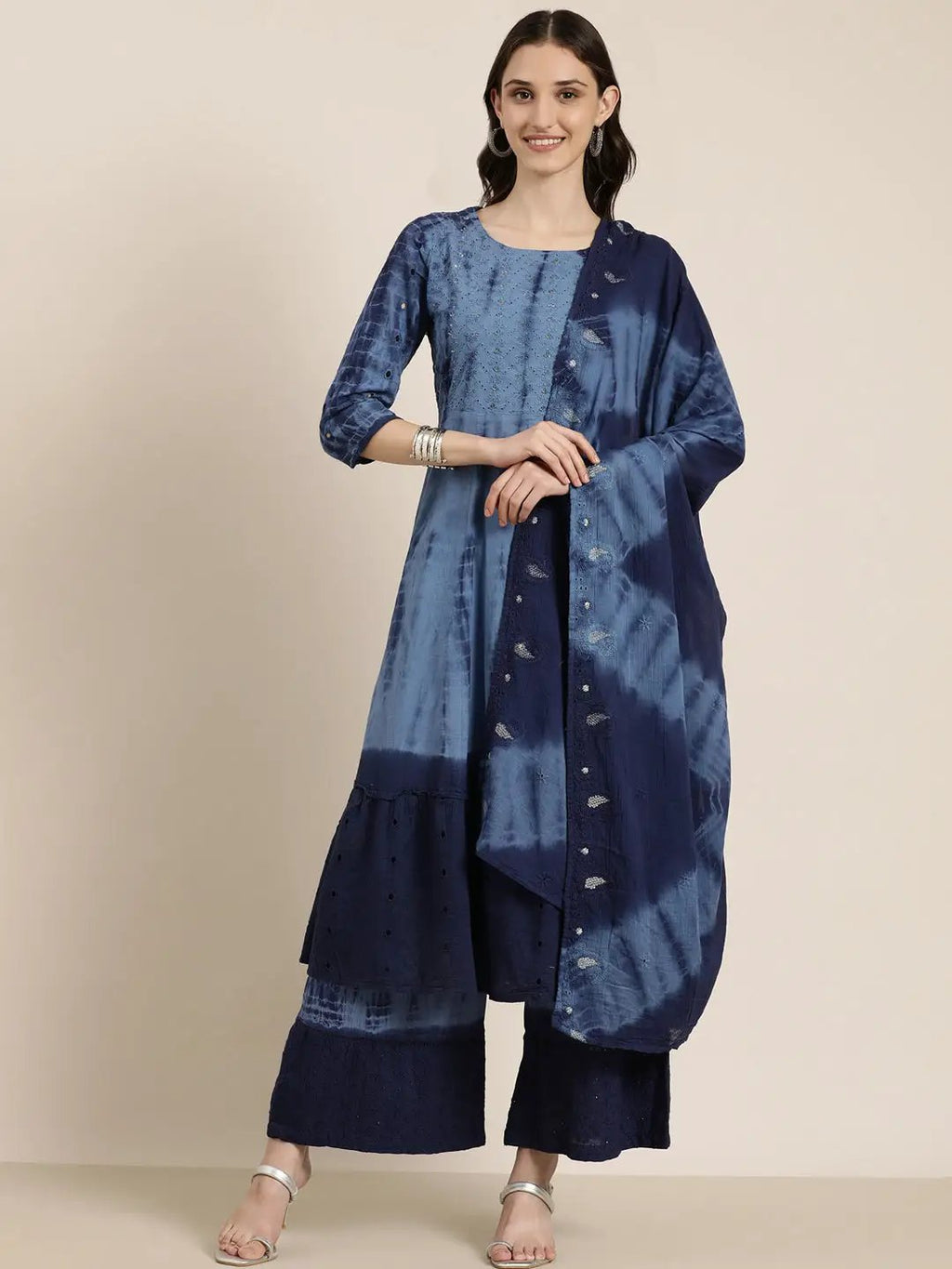 Women's Navy Blue Dyed Regular Beads And Stones Kurta Set With Dupatta