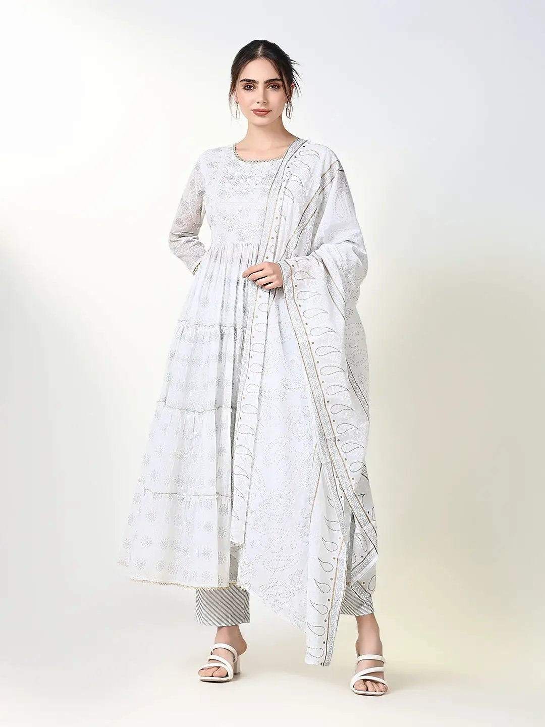 Women's Ethnic Floral White Anarkali Kurta Set with Dupatta