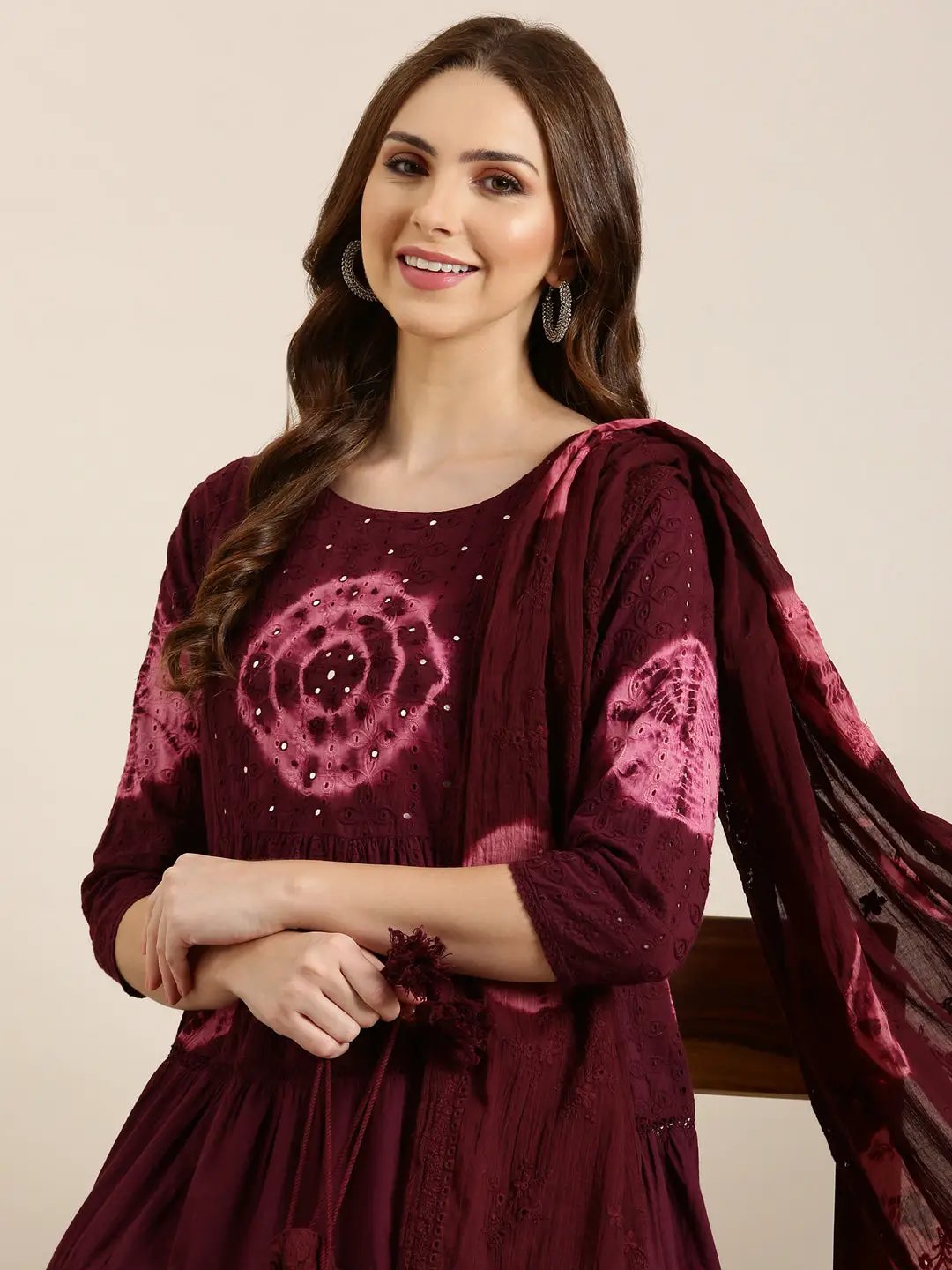Women's Maroon Dyed Tiered Mirror Work Anarkali Kurta Set with Dupatta