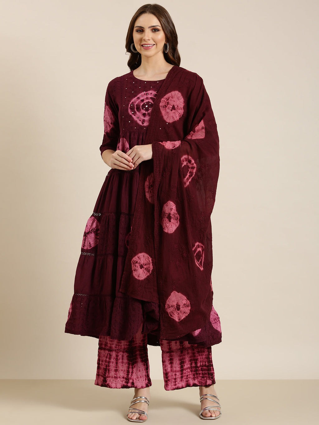 Women's Maroon Dyed Tiered Mirror Work Anarkali Kurta Set with Dupatta
