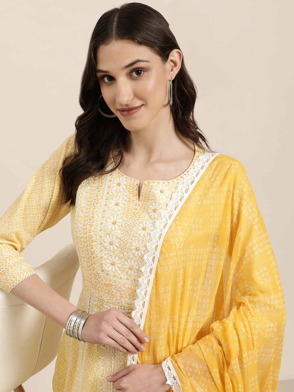 Women's Yellow Floral Printed Empire Thread Work Kurta Set With Dupatta