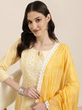 Women's Yellow Floral Printed Empire Thread Work Kurta Set With Dupatta