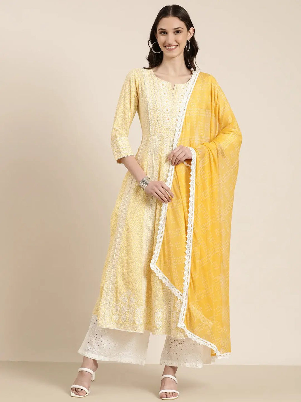 Women's Yellow Floral Printed Empire Thread Work Kurta Set With Dupatta