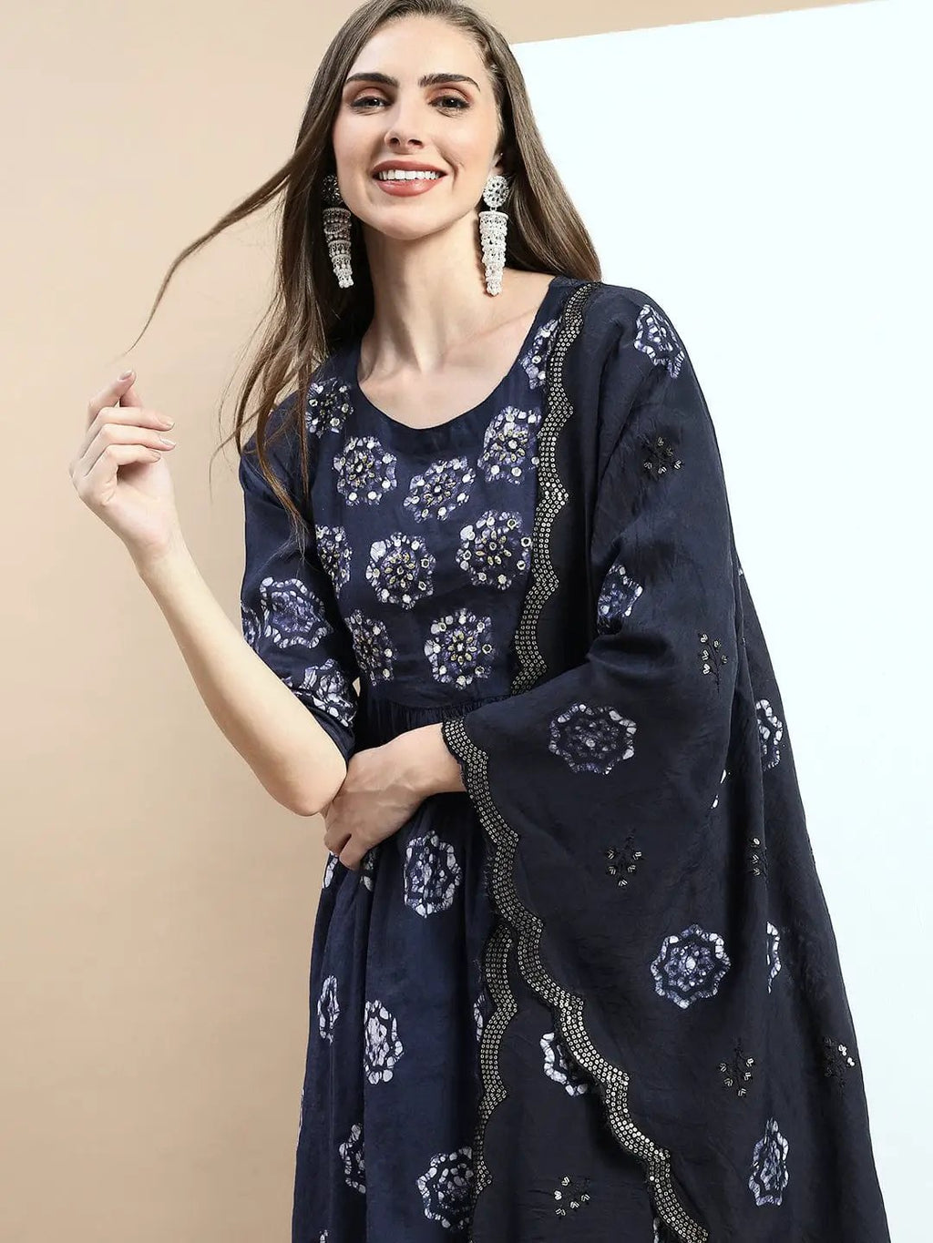 Women's Floral Navy Blue Ethnic A-Line Kurta Set