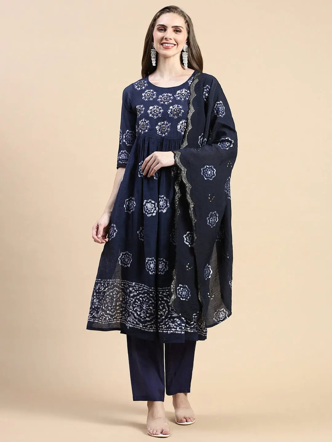 Women's Floral Navy Blue Ethnic A-Line Kurta Set