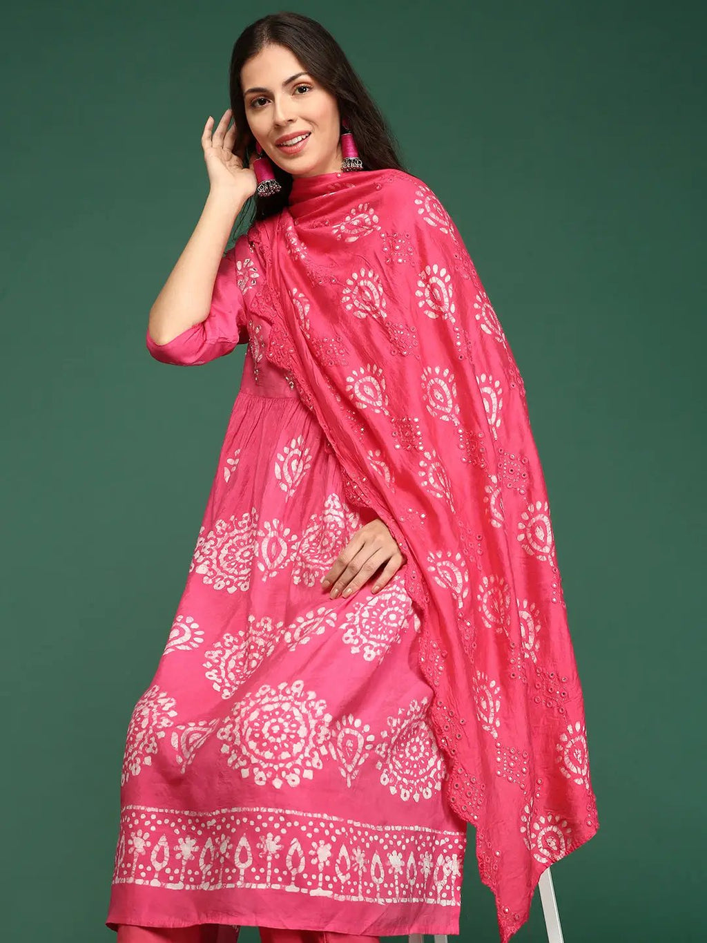 Women's Graphic Pink A-Line Kurta Set with Dupatta