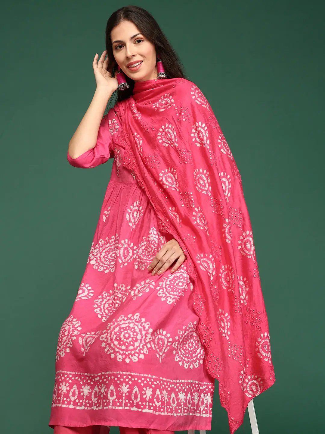 Women's Graphic Pink A-Line Kurta Set with Dupatta