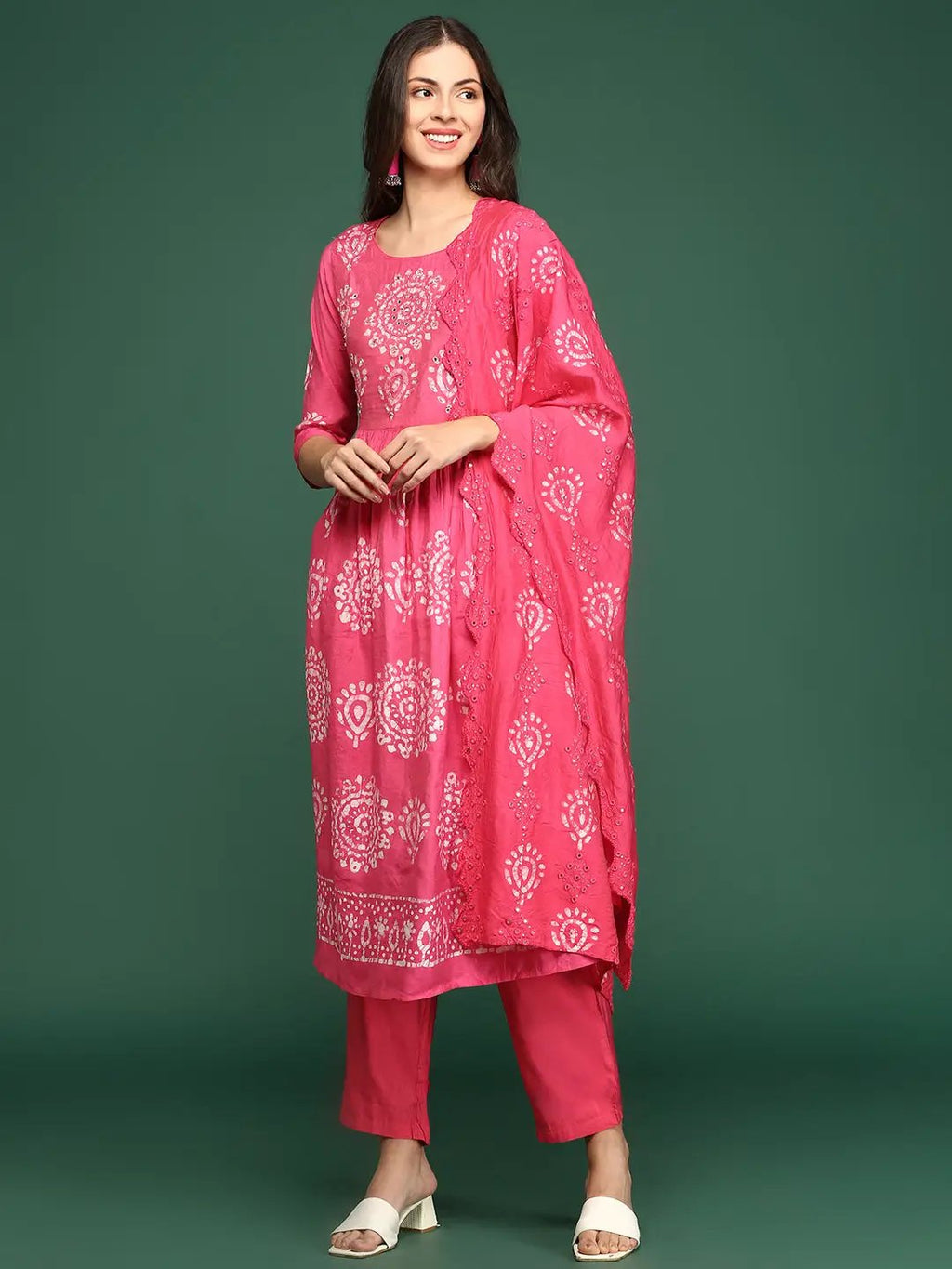 Women's Graphic Pink A-Line Kurta Set with Dupatta