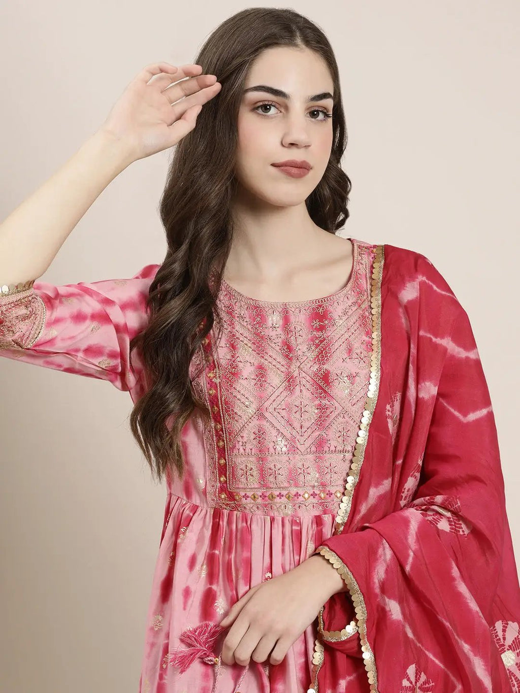 Women's Pink Ethnic Motifs Dyed Empire Thread Work Kurta Set With Dupatta