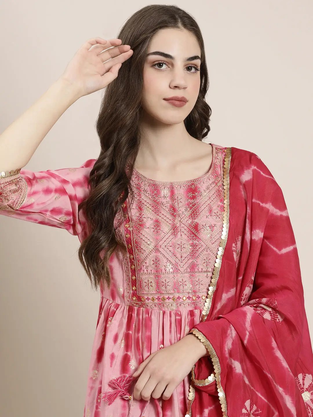 Women's Pink Ethnic Motifs Dyed Empire Thread Work Kurta Set With Dupatta