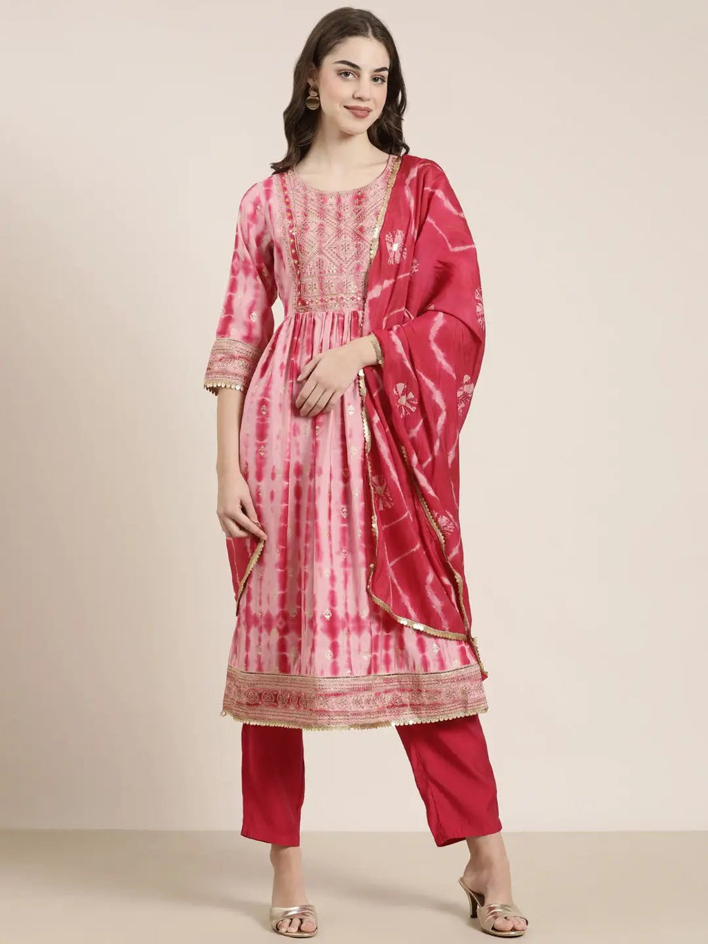 Women's Pink Ethnic Motifs Dyed Empire Thread Work Kurta Set With Dupatta
