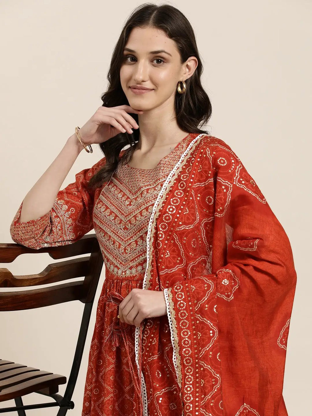 Women's Rust Bandhani Embroidered Empire Thread Work Kurta Set With Dupatta