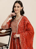Women's Rust Bandhani Embroidered Empire Thread Work Kurta Set With Dupatta