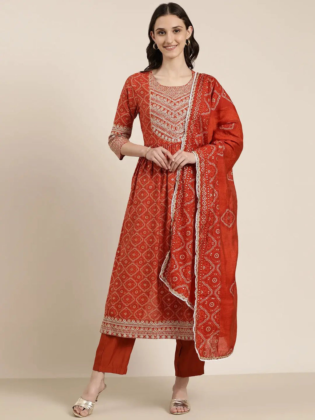 Women's Rust Bandhani Embroidered Empire Thread Work Kurta Set With Dupatta