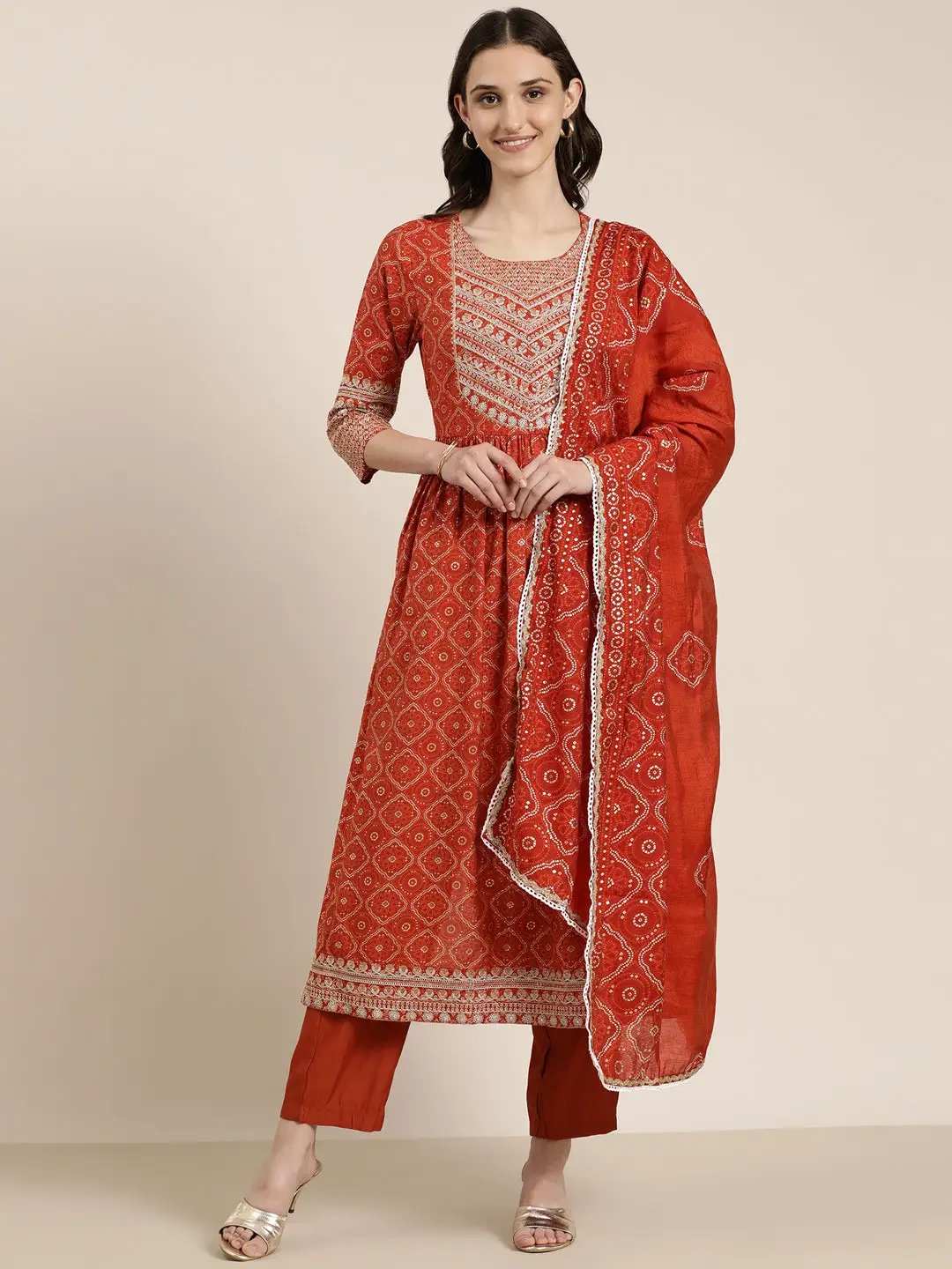 Women's Rust Bandhani Embroidered Empire Thread Work Kurta Set With Dupatta