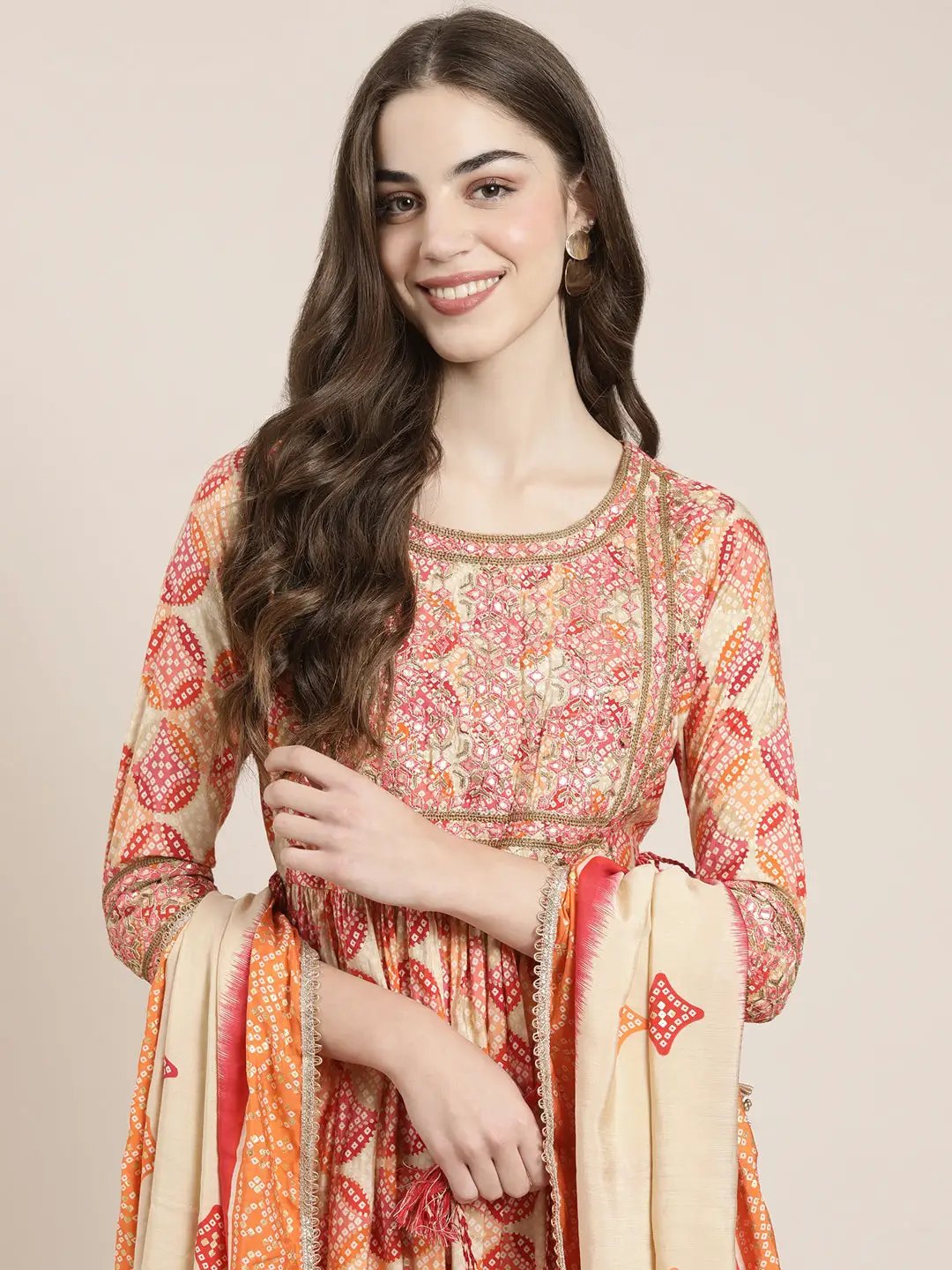 Women's Multi Bandhani Printed Thread Work Kurta Set With Dupatta