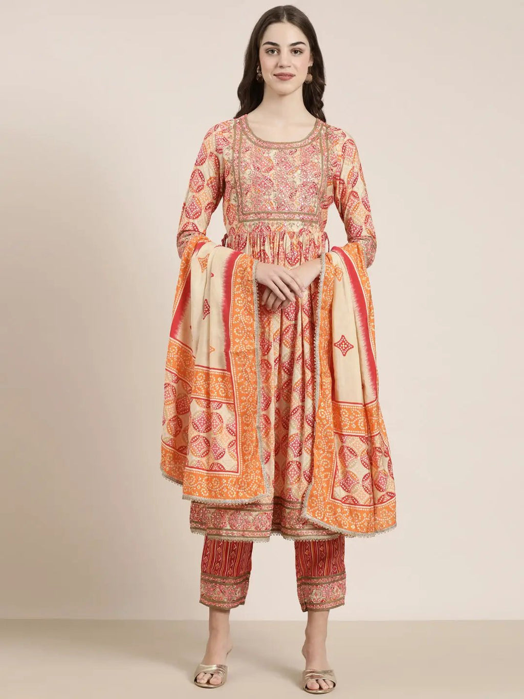 Women's Multi Bandhani Printed Thread Work Kurta Set With Dupatta