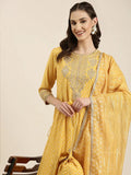 Women's Yellow Geometrical Printed Thread Work Straight Kurta Set with Dupatta