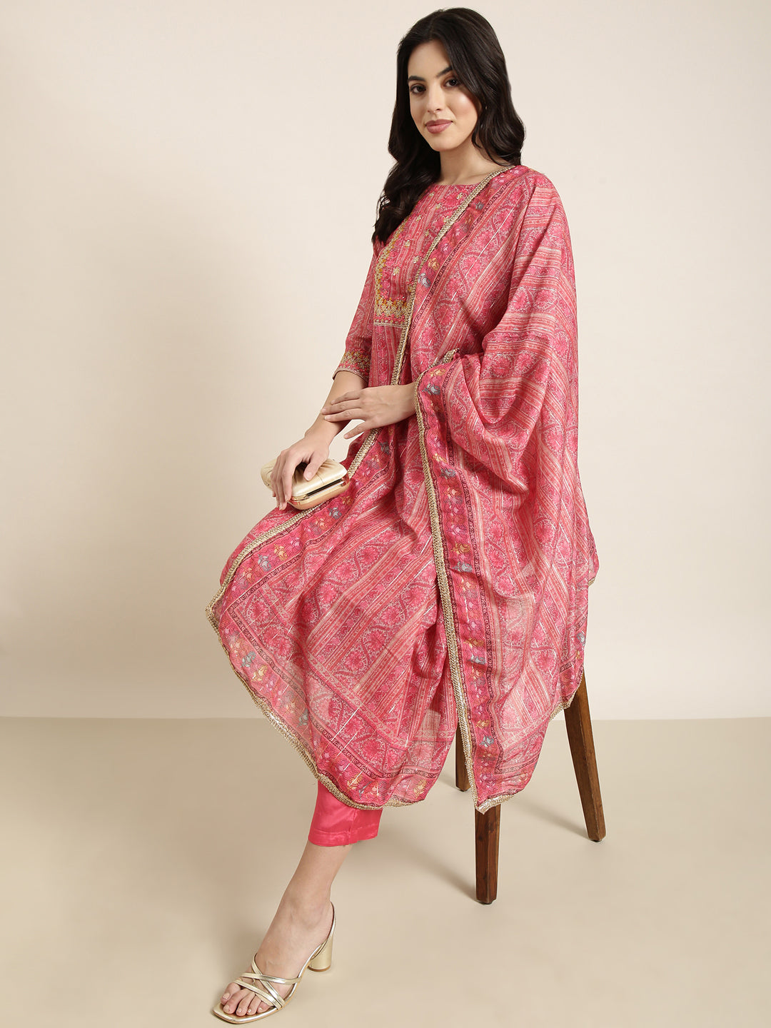 Women's Ethnic Straight Pink Floral Kurta Sets with Trousers & Dupatta