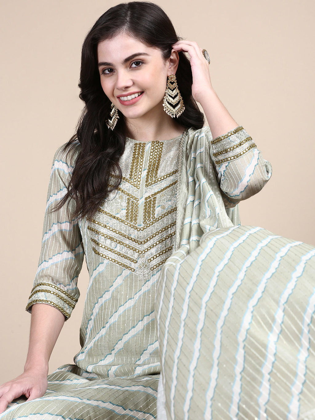Women's Green Leheriya Straight Kurta Set with Dupatta