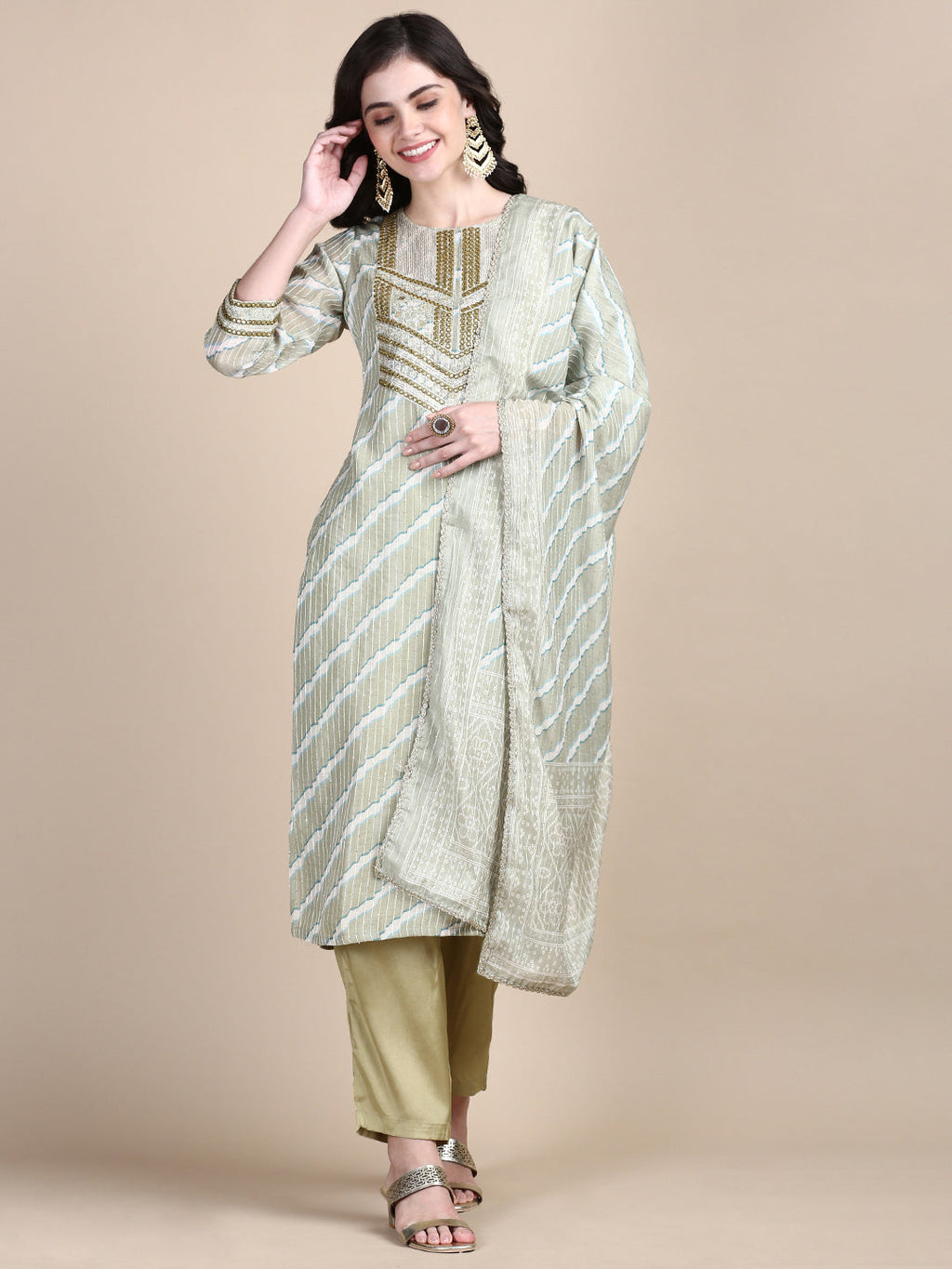 Women's Green Leheriya Straight Kurta Set with Dupatta
