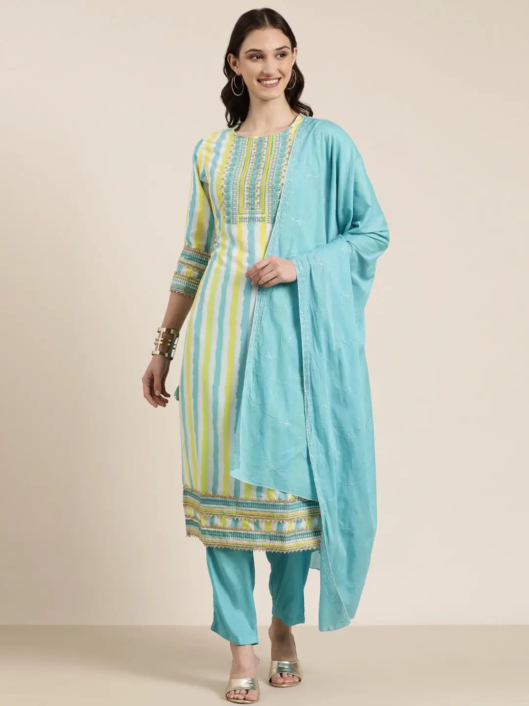 Women's Multi Striped Regular Thread Work Kurta Set With Dupatta