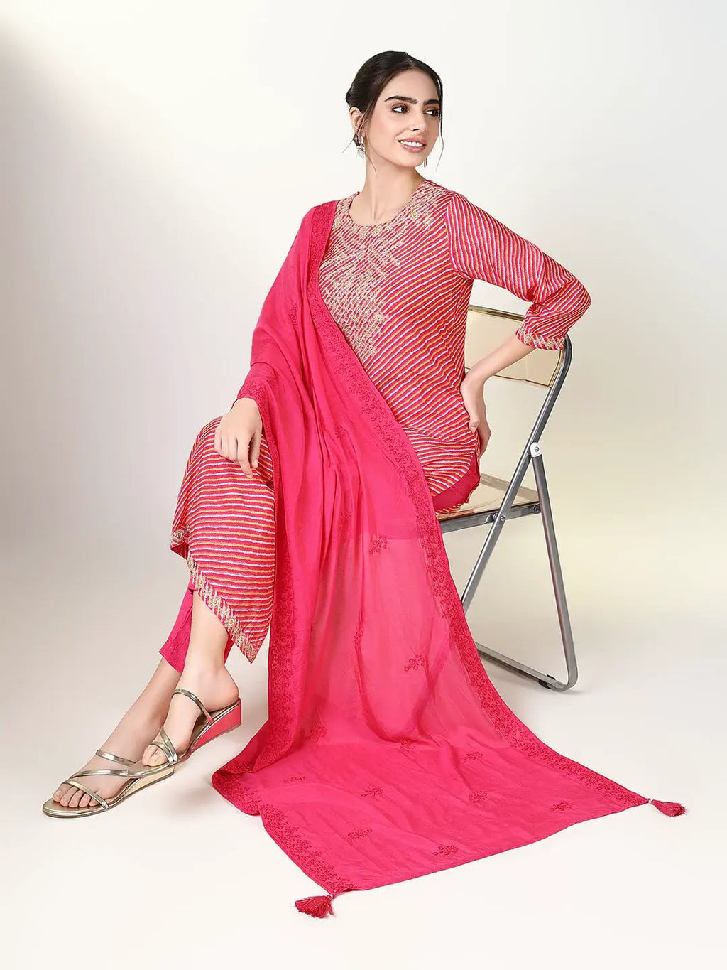Women's Striped Pink Straight Kurta Set with Dupatta