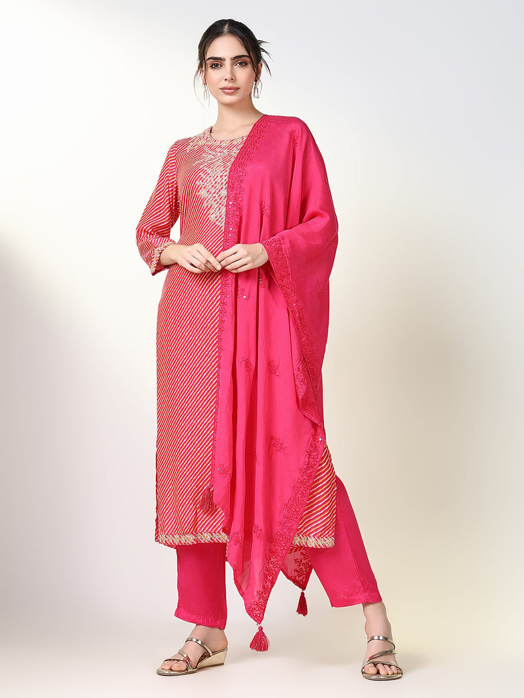 Women's Striped Pink Straight Kurta Set with Dupatta