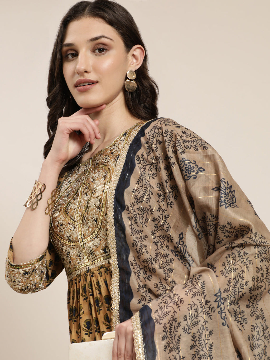Women's Tan Floral Printed Thread Work Kurta Set With Dupatta
